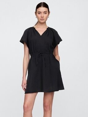 GAP Black 100% Cotton Gauze Flutter Sleeve Tie Waist Mini Dress Women’s Size XL